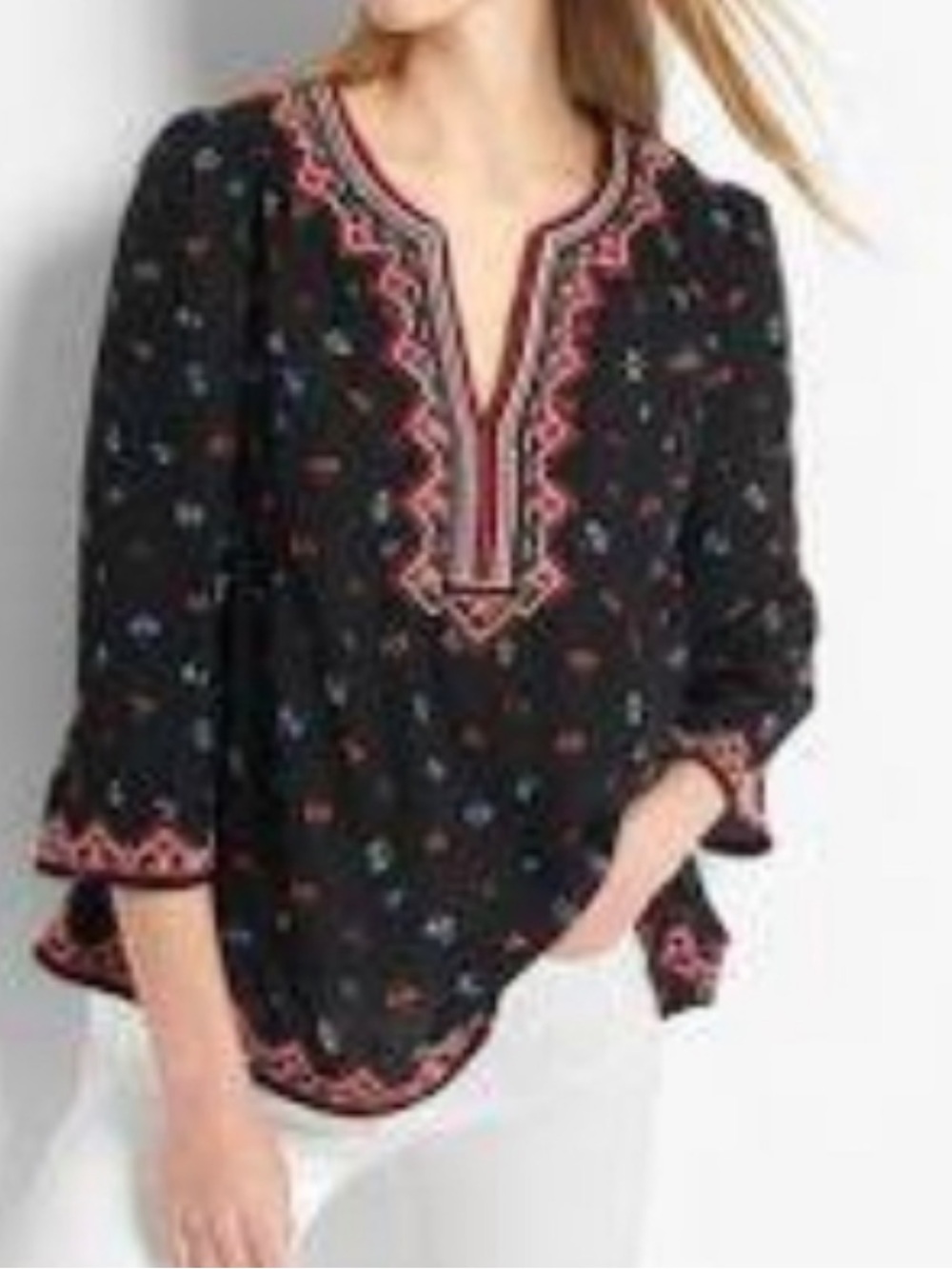 GAP Embroidered Notch-Neck Black Women's Top with blue and red floral Accents